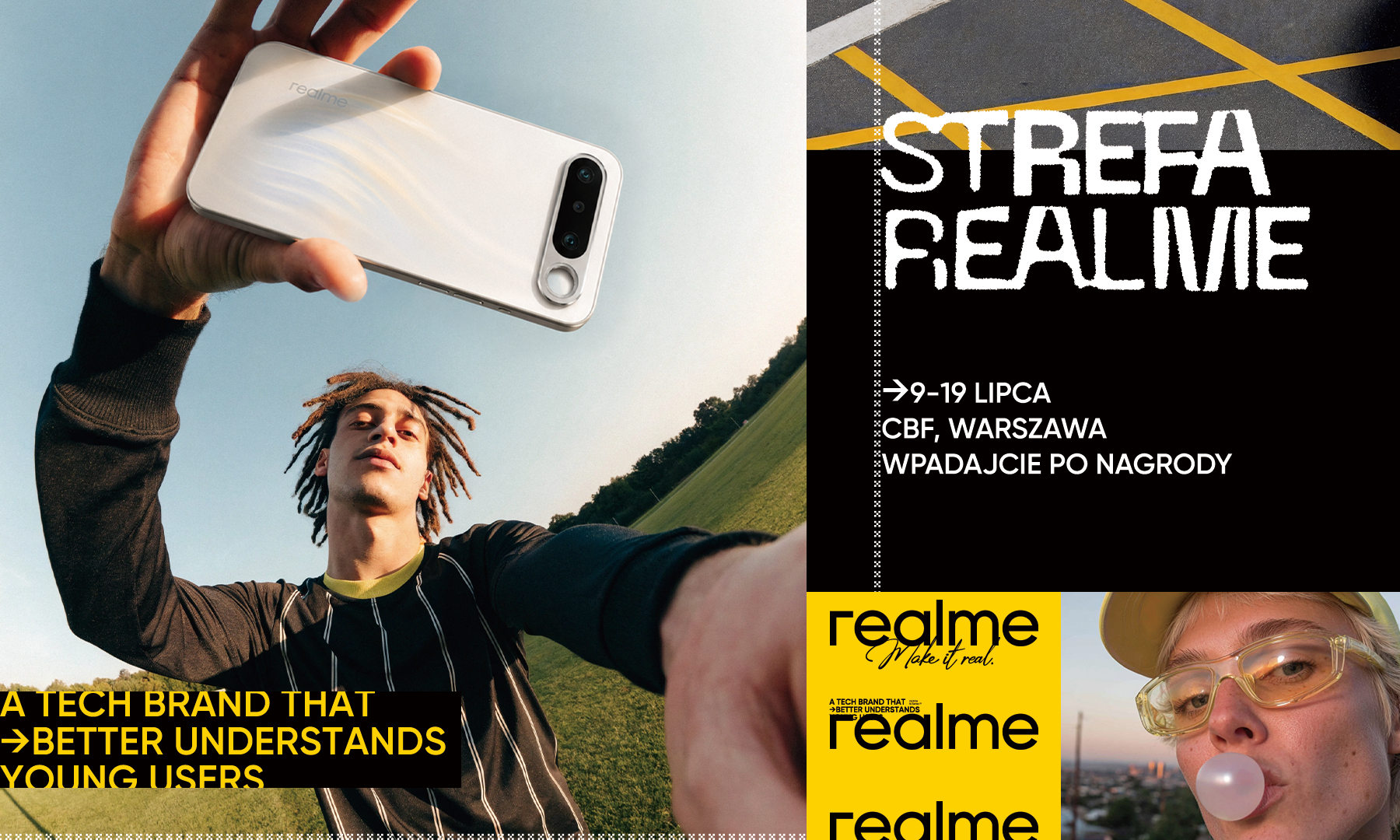 Realme invita a los fans. Puedes coger un teléfono inteligente y unos auriculares.